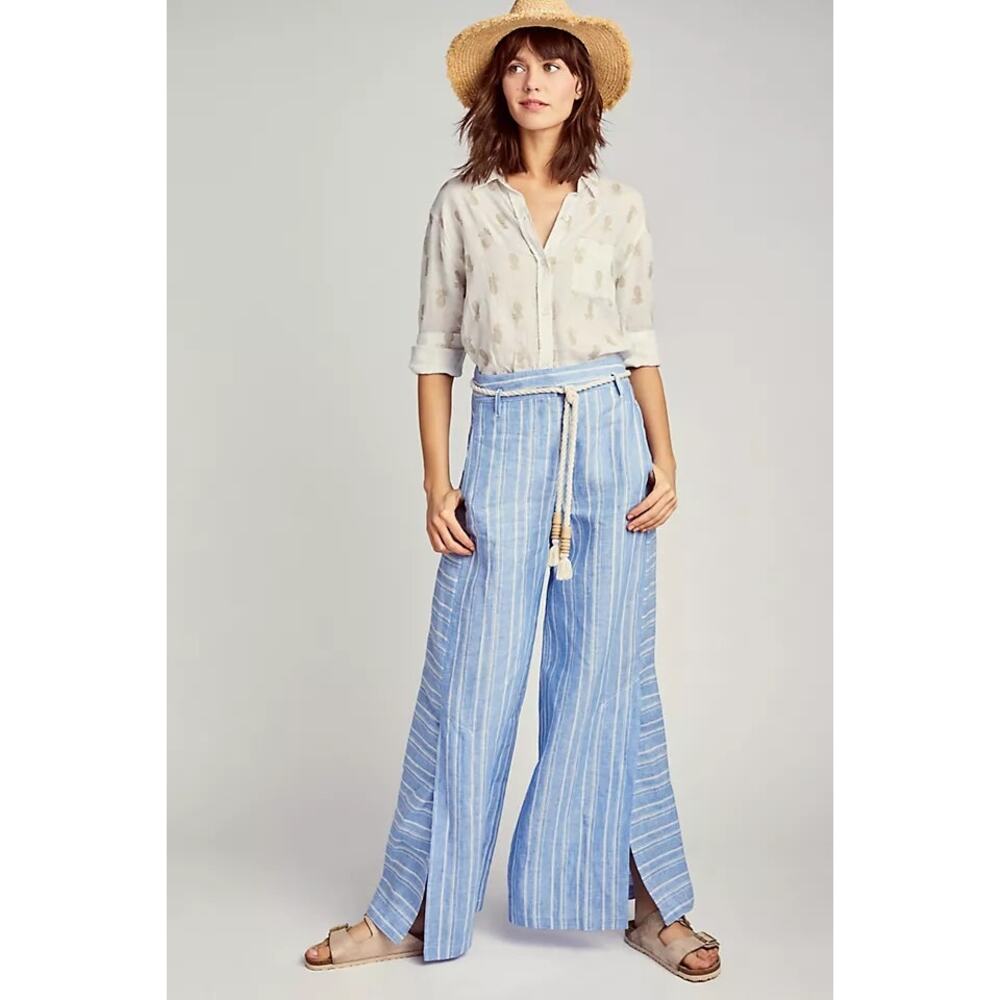 Anthro Blue & White Stripe Wide Leg Linen Pants Size 6 Tie Belt Waist Side Slits